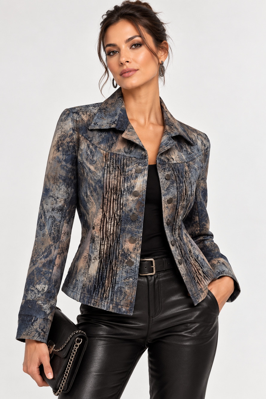 Coldwater Creek Denim Jacket Sz P8 Med Washed Floral Print Pleated Accents Chic